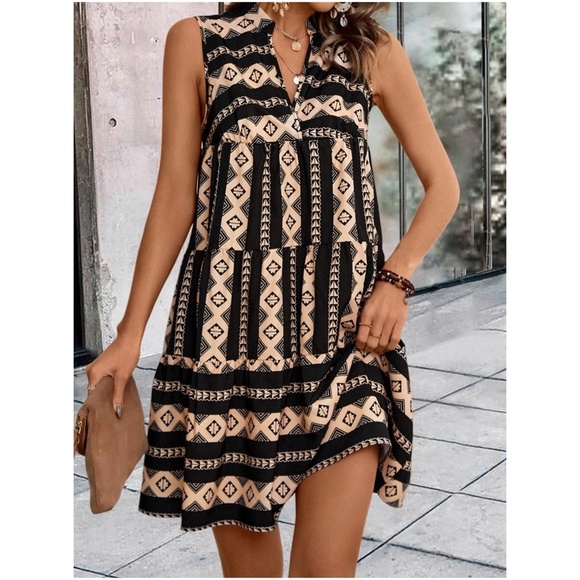 Boho Geo Print Sleeveless Ruffle Dress - Picture 8 of 12